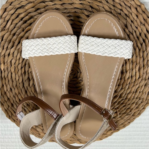Women's Woven White and Tan Wedge Sandals - Picture 2 of 6
